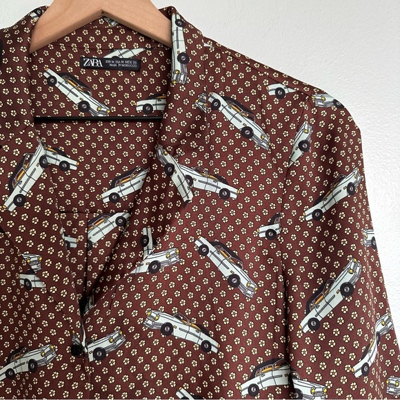 Zara Retro Vintage Car & Floral Print Button Down Blouse - Picture 3 of 4